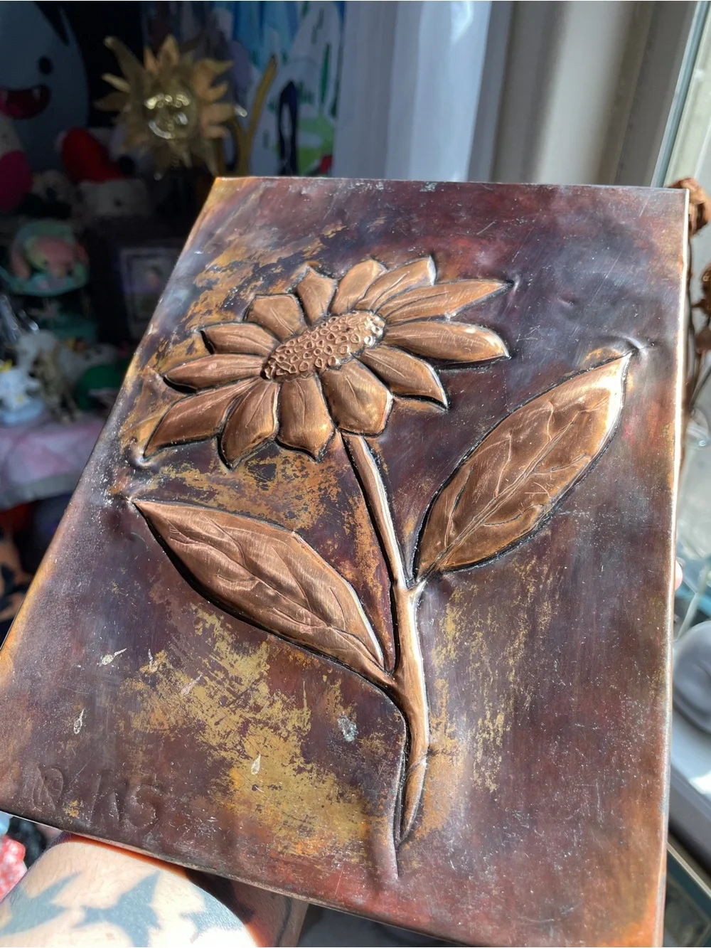Vintage handmade signed bronze copper emboss 3D sunflower Art decor art